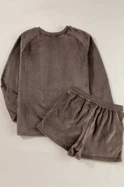 Hot Dear-Lover Solid Loose Fit Two Piece Fleece Lounge Set Coffee