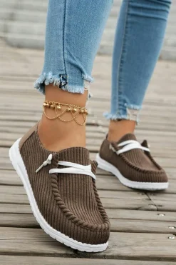Fashion Dear-Lover Solid Ribbed Criss Cross Slip On Casual Shoes Coffee