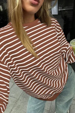 Discount Dear-Lover Striped Long Sleeve Round Neck Loose Top Coffee
