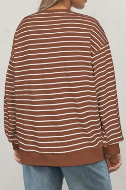 Discount Dear-Lover Striped Long Sleeve Round Neck Loose Top Coffee