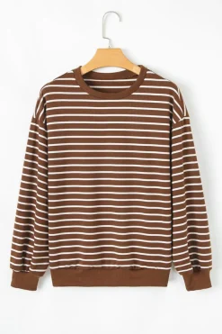 Discount Dear-Lover Striped Long Sleeve Round Neck Loose Top Coffee