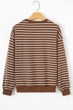 Discount Dear-Lover Striped Long Sleeve Round Neck Loose Top Coffee