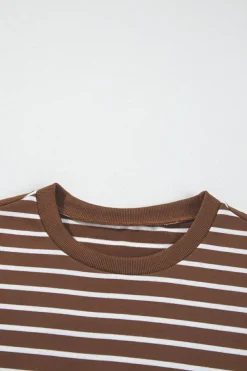 Discount Dear-Lover Striped Long Sleeve Round Neck Loose Top Coffee