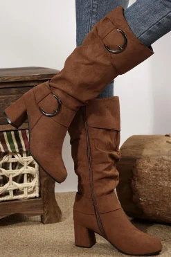 Outlet Dear-Lover Suede Double Buckled Side Zipped Mid-calf Boots Coffee