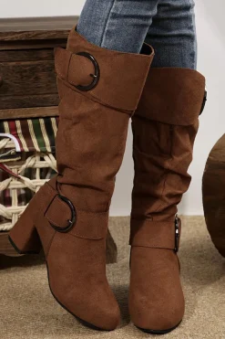 Outlet Dear-Lover Suede Double Buckled Side Zipped Mid-calf Boots Coffee