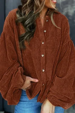 Discount Dear-Lover Textured Corduroy Puff Sleeve Shacket Coffee