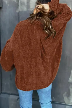 Discount Dear-Lover Textured Corduroy Puff Sleeve Shacket Coffee