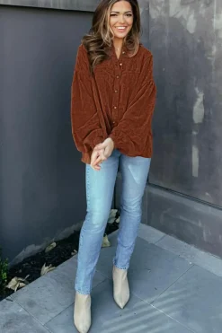 Discount Dear-Lover Textured Corduroy Puff Sleeve Shacket Coffee