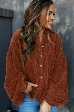 Discount Dear-Lover Textured Corduroy Puff Sleeve Shacket Coffee
