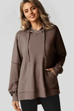 Best Dear-Lover Waffle Knit Fleece Lined High Low Oversized Hoodie Coffee