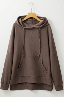 Best Dear-Lover Waffle Knit Fleece Lined High Low Oversized Hoodie Coffee