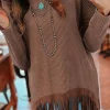 New Dear-Lover Waffle Knit Fringed High Low Loose Top Coffee
