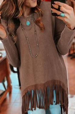 New Dear-Lover Waffle Knit Fringed High Low Loose Top Coffee