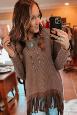 New Dear-Lover Waffle Knit Fringed High Low Loose Top Coffee