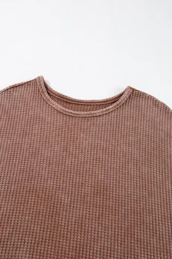 New Dear-Lover Waffle Knit Fringed High Low Loose Top Coffee