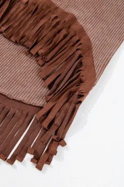 New Dear-Lover Waffle Knit Fringed High Low Loose Top Coffee