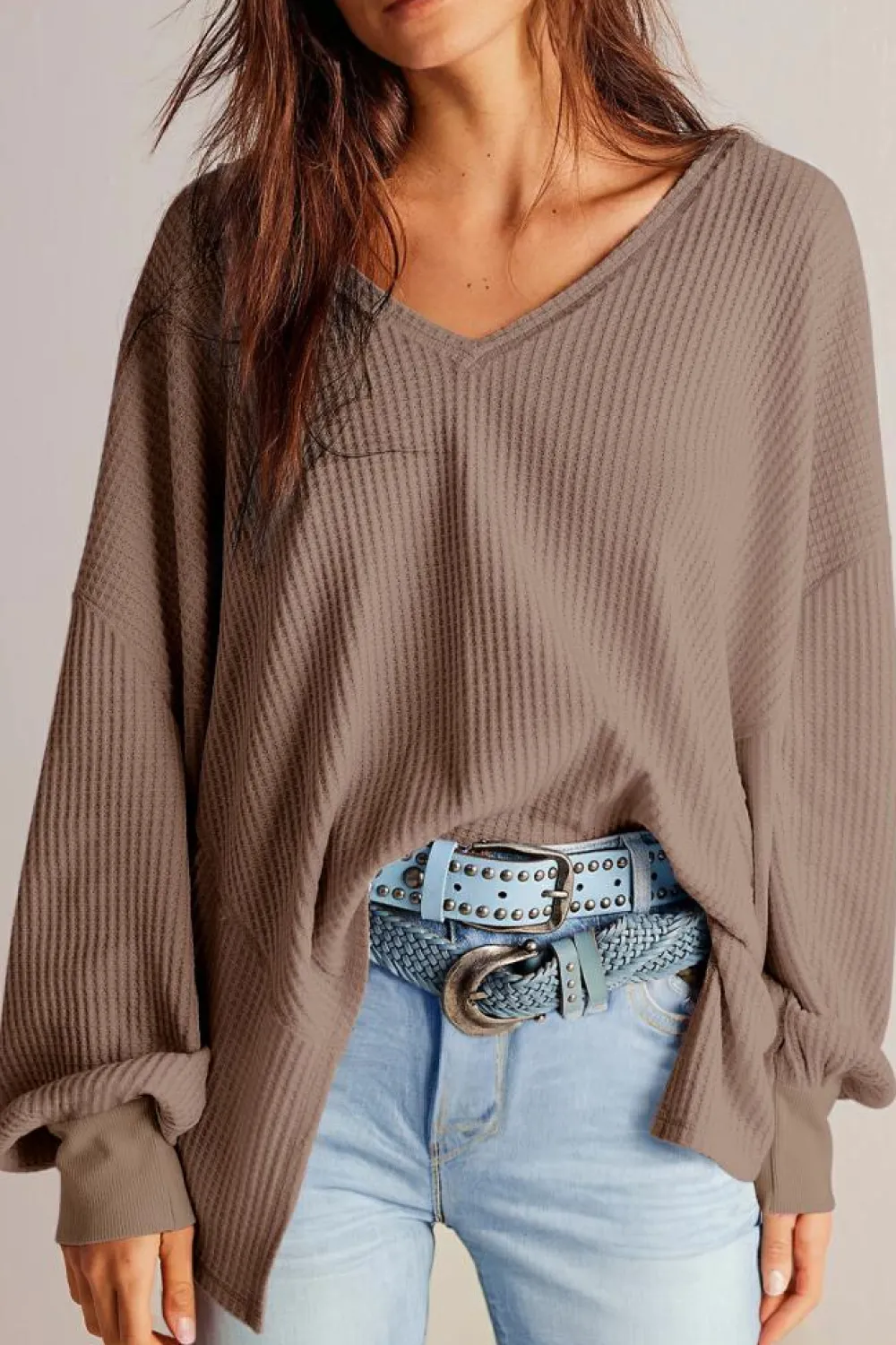 Sale Dear-Lover Waffle V Neck Long Sleeve Drop Shoulder Loose Blouse Coffee