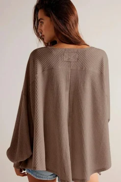 Sale Dear-Lover Waffle V Neck Long Sleeve Drop Shoulder Loose Blouse Coffee