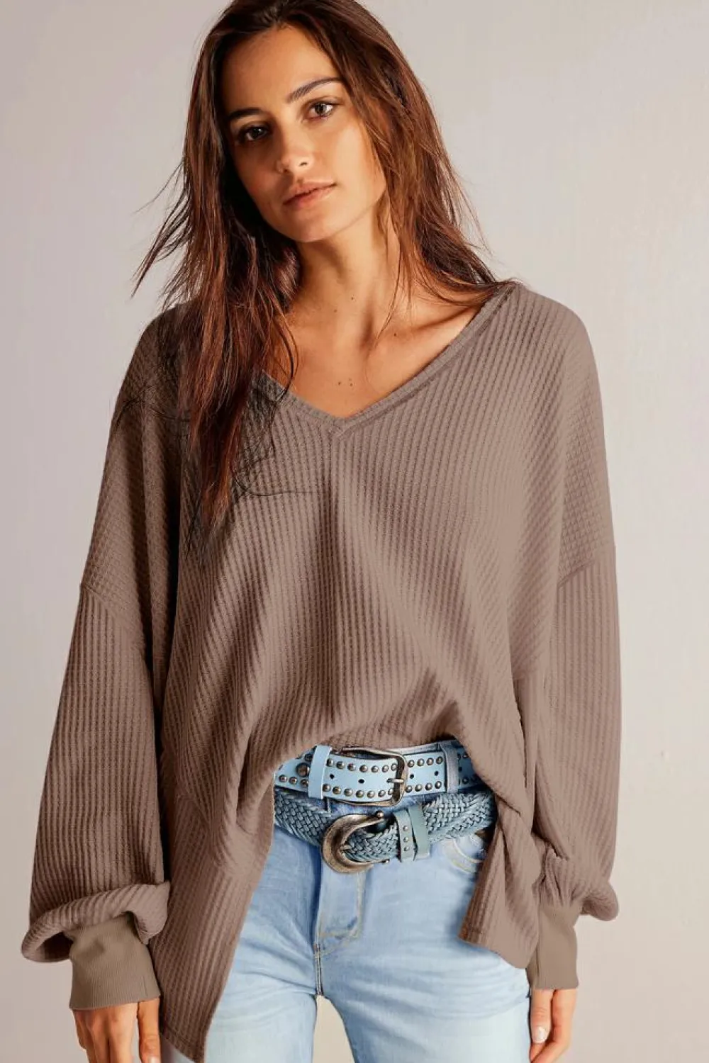 Sale Dear-Lover Waffle V Neck Long Sleeve Drop Shoulder Loose Blouse Coffee