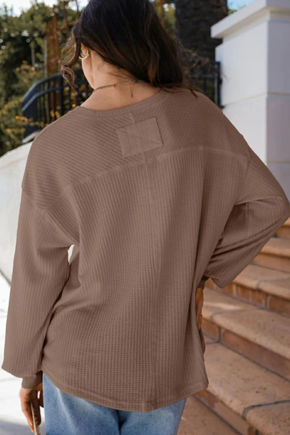 Sale Dear-Lover Waffle V Neck Long Sleeve Drop Shoulder Loose Blouse Coffee