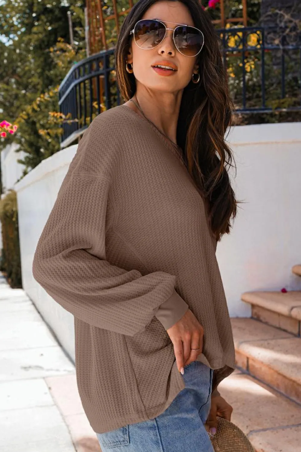 Sale Dear-Lover Waffle V Neck Long Sleeve Drop Shoulder Loose Blouse Coffee
