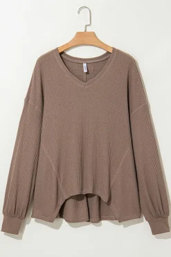 Sale Dear-Lover Waffle V Neck Long Sleeve Drop Shoulder Loose Blouse Coffee
