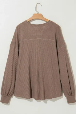 Sale Dear-Lover Waffle V Neck Long Sleeve Drop Shoulder Loose Blouse Coffee