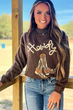 Best Dear-Lover Western Howdy Boot Graphic High Neck Sweater Coffee
