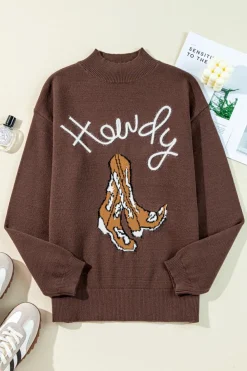 Best Dear-Lover Western Howdy Boot Graphic High Neck Sweater Coffee