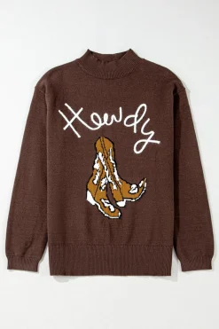 Best Dear-Lover Western Howdy Boot Graphic High Neck Sweater Coffee