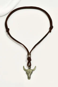 Discount Dear-Lover Western Steer Head Pendant Necklace Coffee