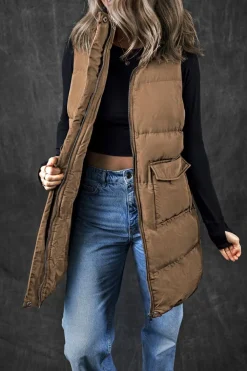 Outlet Dear-Lover Windproof Longline Full Zipper Puffer Vest with Pockets Coffee