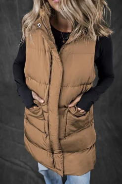 Outlet Dear-Lover Windproof Longline Full Zipper Puffer Vest with Pockets Coffee