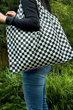 Fashion Dear-Lover Checkered Print Large Capacity Canvas Shoulder Bag Color black