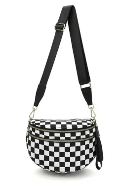 Sale Dear-Lover Checkered Print Wide Strap Large Crossbody Bag Color black