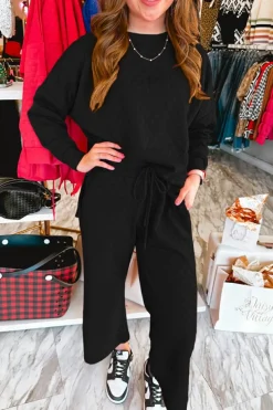 Best Dear-Lover Checkered Textured Split Pullover Top and Pants Set Color black