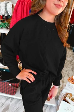 Best Dear-Lover Checkered Textured Split Pullover Top and Pants Set Color black