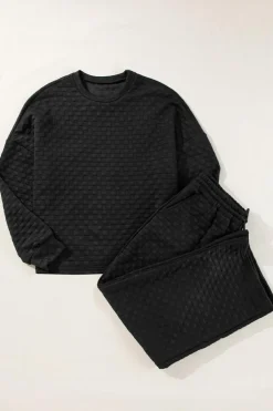 Best Dear-Lover Checkered Textured Split Pullover Top and Pants Set Color black