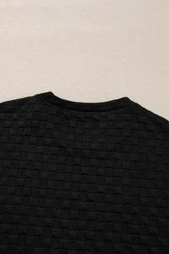 Best Dear-Lover Checkered Textured Split Pullover Top and Pants Set Color black