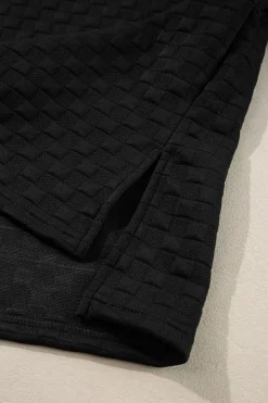 Best Dear-Lover Checkered Textured Split Pullover Top and Pants Set Color black