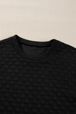 Best Dear-Lover Checkered Textured Split Pullover Top and Pants Set Color black