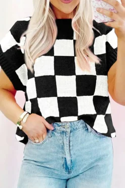 Sale Dear-Lover Colorblock Plaid Pattern Ribbed Trim Sweater Tank Top Color black