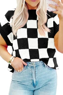 Sale Dear-Lover Colorblock Plaid Pattern Ribbed Trim Sweater Tank Top Color black