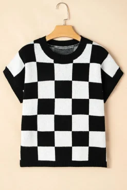 Sale Dear-Lover Colorblock Plaid Pattern Ribbed Trim Sweater Tank Top Color black
