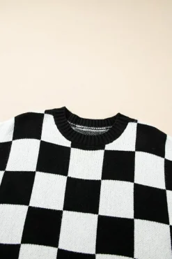 Sale Dear-Lover Colorblock Plaid Pattern Ribbed Trim Sweater Tank Top Color black