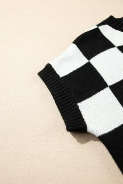 Sale Dear-Lover Colorblock Plaid Pattern Ribbed Trim Sweater Tank Top Color black