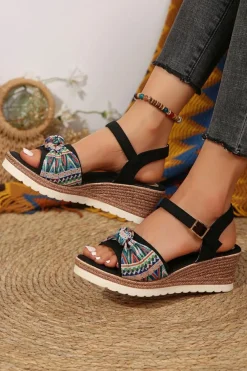 Sale Dear-Lover Contrast Bow Decor Buckle Strap Wedge Sandals Color black