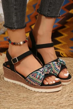 Sale Dear-Lover Contrast Bow Decor Buckle Strap Wedge Sandals Color black