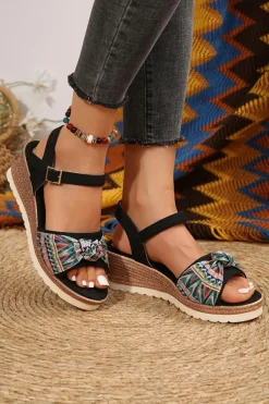 Sale Dear-Lover Contrast Bow Decor Buckle Strap Wedge Sandals Color black