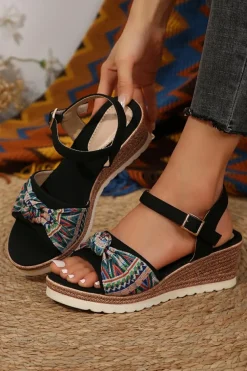 Sale Dear-Lover Contrast Bow Decor Buckle Strap Wedge Sandals Color black